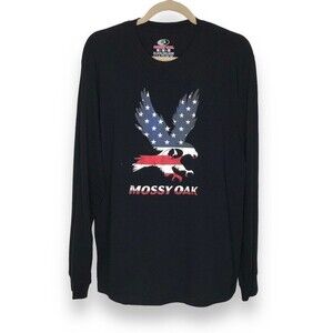 Mossy Oak Red White Blue Eagle Flag Black Long Sleeve Crew Neck T Shirt Mens Med